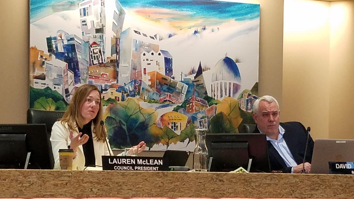 Council President Lauren McLean tells why she supports moving The Cabin to Julia Davis Park, during Tuesday’s meeting of the Boise City Council. Mayor Dave Bieter listens.