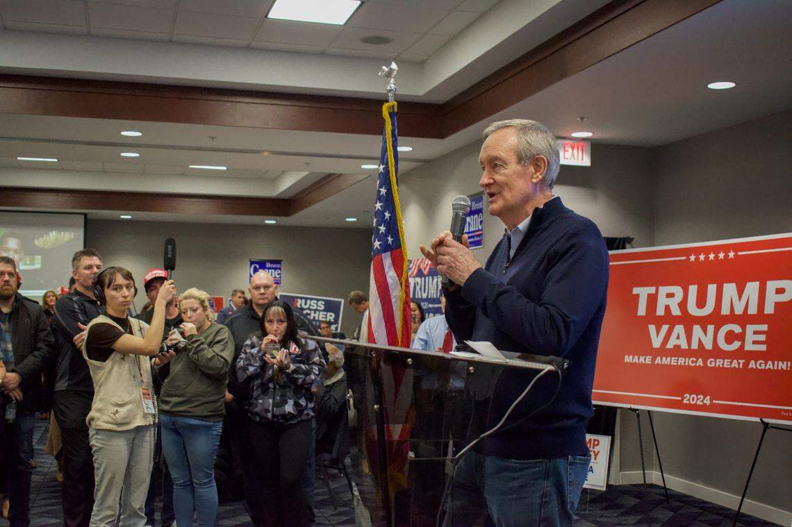 U.S. Sen. Mike Crapo, R-Idaho, spoke with supporters during the Republican watch party in November 2024 at The Courtyard by Marriott hotel in Meridian. He hasn't held a public town hall event since 2022.