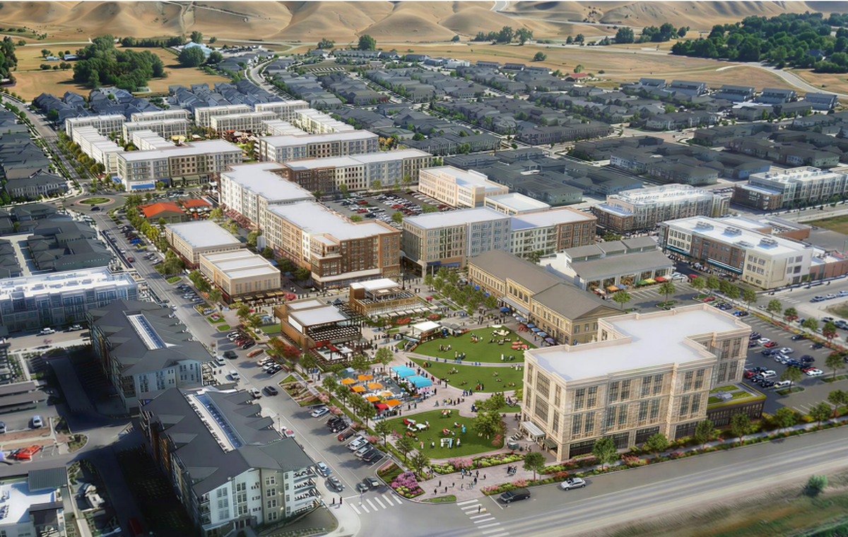 Developer High Rhodes presented this updated rendering of plans for Harris Ranch’s town center on May 14. 