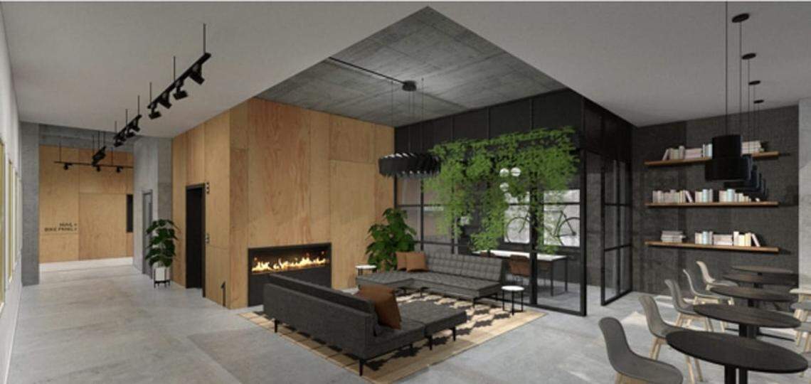 Rendering of a lobby lounge at The Vanguard apartments.