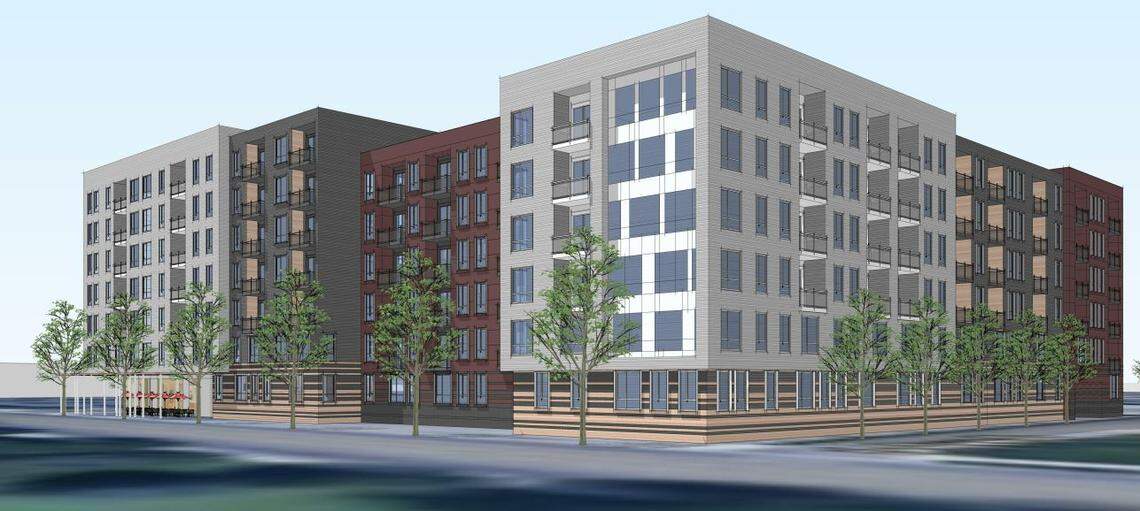 The seven-story apartment building proposed by Collegiate Development Group of St. Louis would include a six-story interior parking garage, a rooftop terrace and fitness and game rooms. There would also be a swimming pool and hot tub. It would also have ground-floor retail space.