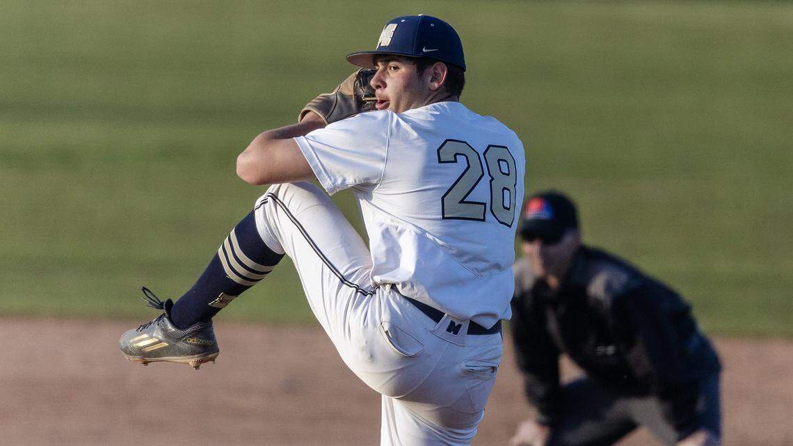 Middleton sophomore Colton Brink pitches during their game against Centennial in the first round of the 6A District Three baseball tournament held at Timberline, Tuesday, April 28, 2026.