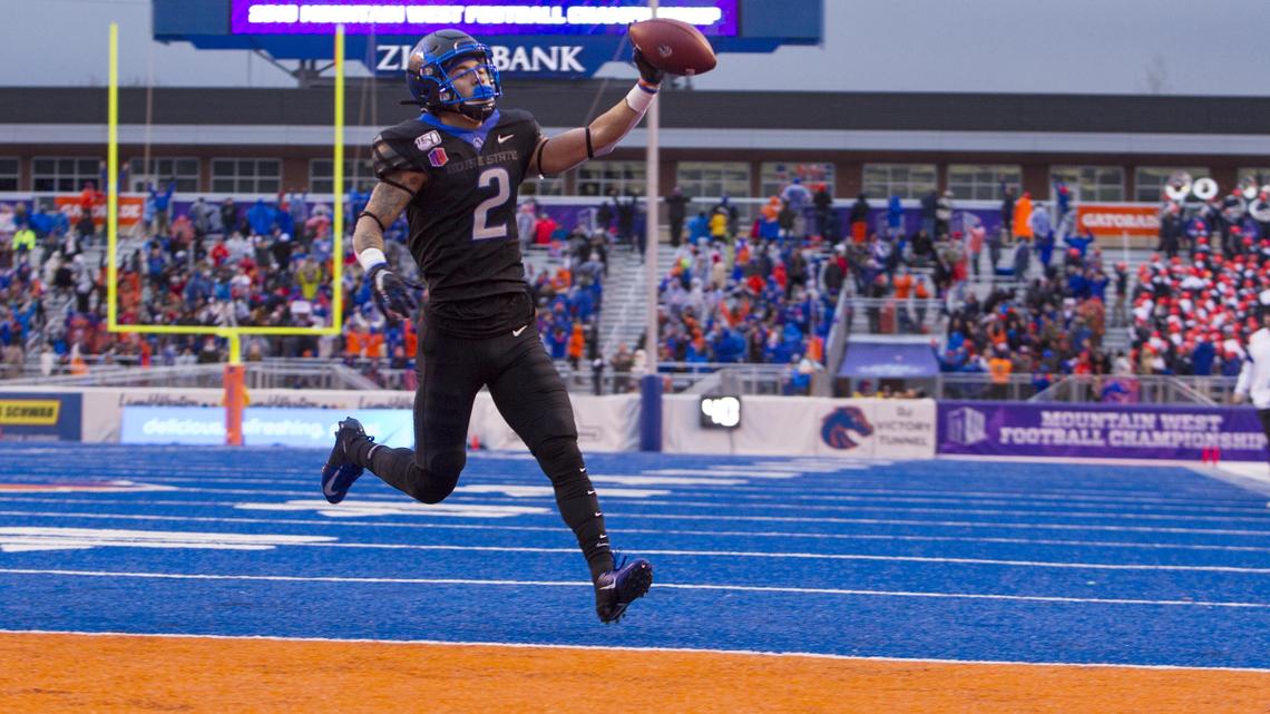 Boise State wide receiver Khalil Shakir runs untouched into the end zone to score a touchdown against Hawaii in the Mountain West championship game Saturday at Albertsons Stadium.