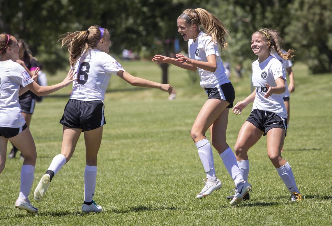 Kydra Lyons (8), celebrates the U-15 Boise Thorns’ first goal Wednesday. The Thorns rolled through their group, winning every game by a combined score of 8-1.