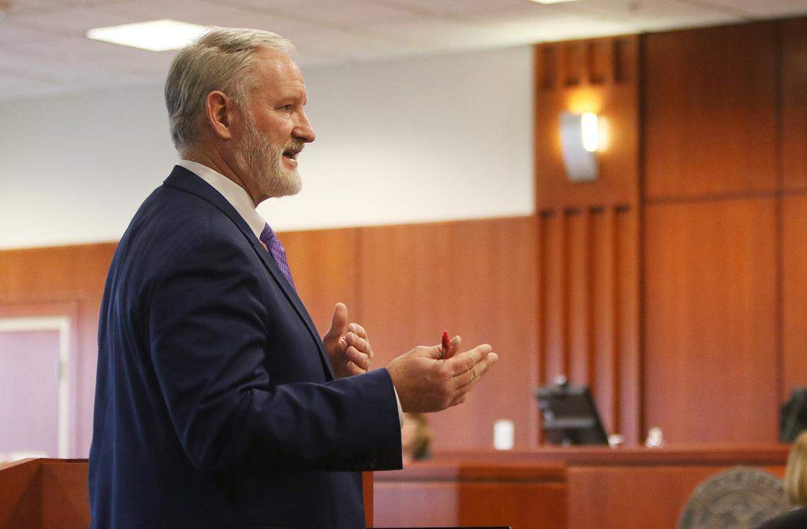 Defense attorney Jon Cox delivers his opening remarks during the trial of former Idaho State Rep. Aaron von Ehlinger at the Ada County Courthouse, Tuesday, April 26, 2022.