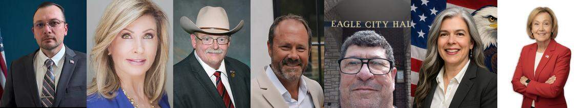 Seven candidates vie for two at-large City Council seats in Eagle. From left: Robert Gillis, Beth Haney, Steve Bender, Kenny Pittman, Tom Letz, Danielle Davis, Nancy Merrill.