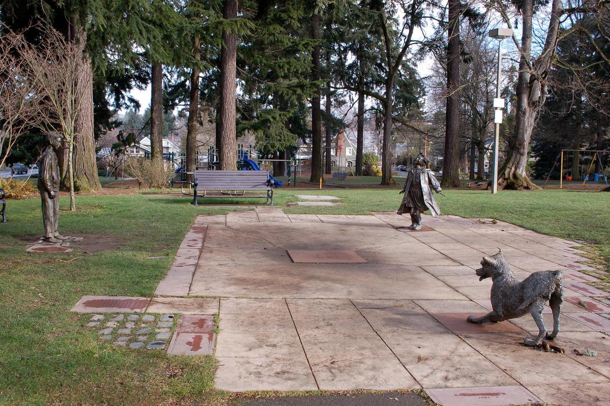 Henry Huggins, Ramona Quimby and Henry’s dog, Ribsy, appear as statues in a splash pool in Grant Park in Portland. Author Beverly Cleary graduated from the adjacent U.S. Grant High School.
