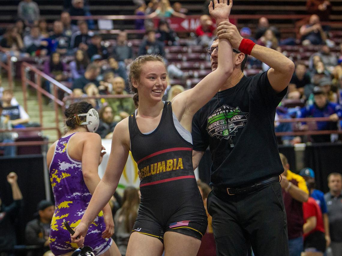 Columbia’s Payton Lanningham took the 143-pound girls championship at the Rollie Lane Wrestling Tournament on Saturday, Jan. 4, 2020.