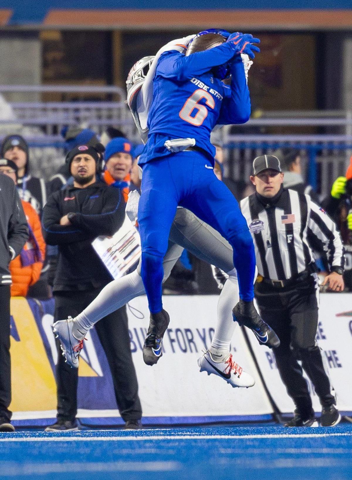 Boise State cornerback Jeremiah Earby intercepts the ball in the second quarter of the Mountain West championship game against UNLV, Friday, Dec. 6, 2024 at Albertsons Stadium.