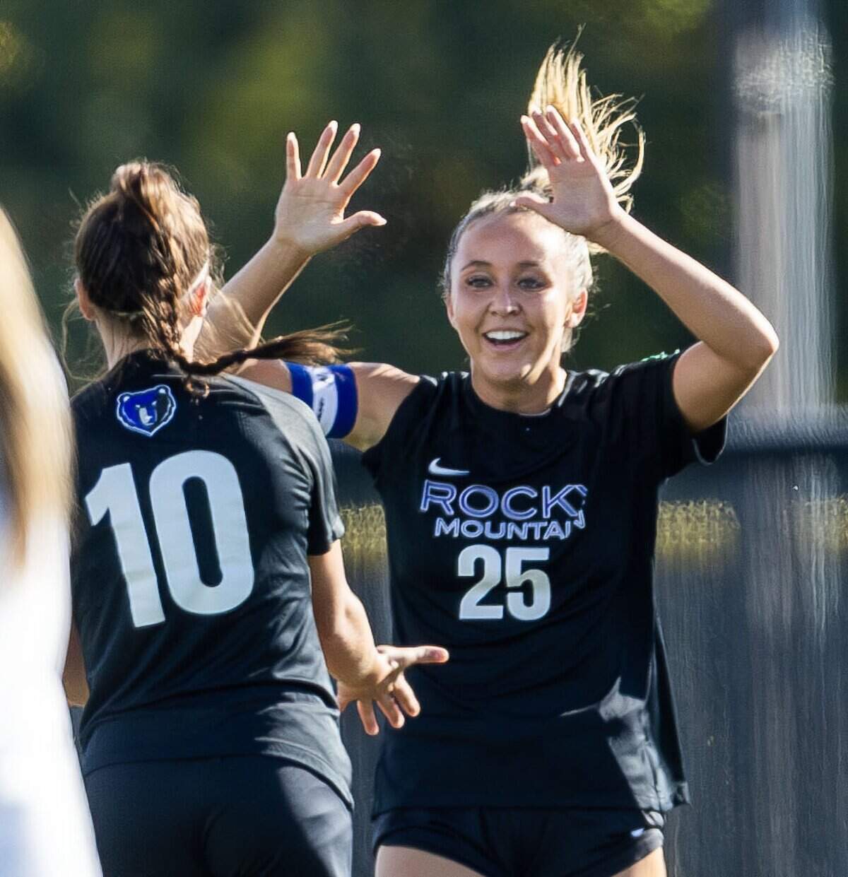 Rocky Mountain senior Campbell Wilson celebrates scoring a goal on Eagle with teammate Addy Osterhout in the 6A girl's soccer state tournament at Rocky Mountain High School in Meridian, Thursday, Oct. 23, 2025.