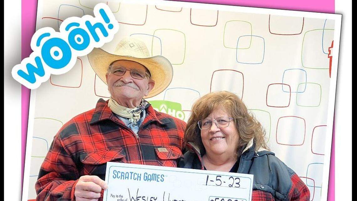 Wesley Underwood is seen in this photo with his wife, Nancy (right), after winning $50,000 on a Sweethearts scratch ticket in the Idaho Lottery.