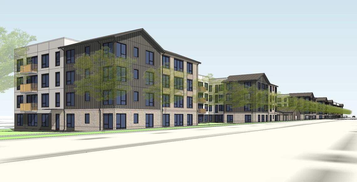 This architect’s rendering shows the proposed Ascent Overland development. This view looks northeast from Overland.