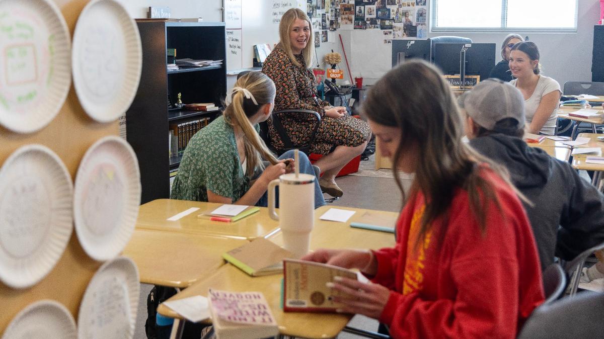 Teacher Sheridan Berg instructs her English class at Owyhee High School on May 2, 2024.