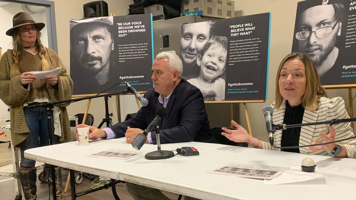 City Council President Lauren McLean, right, answers an question during a candidates forum for homeless people Nov. 21 at the Interfaith Sanctuary homeless shelter. Mayor David Bieter is at center. Sanctuary Executive Director Jodi Peterson, left, moderated.