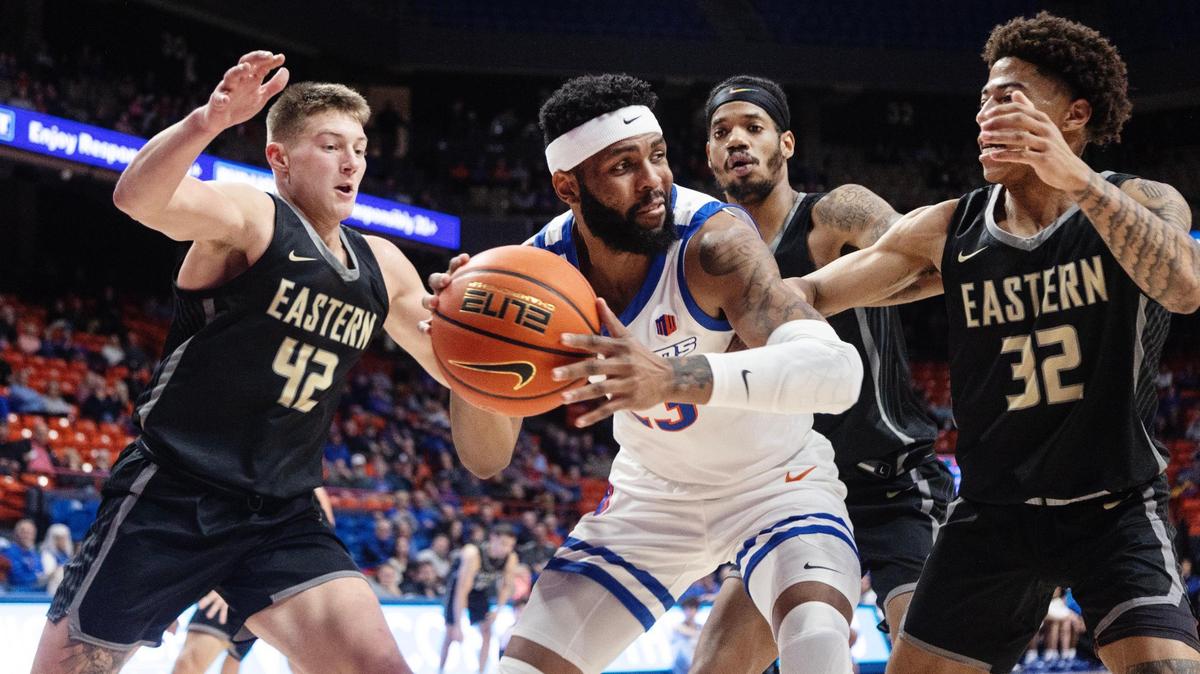 Naje Smith looks for an open teammate during Boise State’s 90-54 victory over Eastern Oregon on Dec. 6 at ExtraMile Arena.