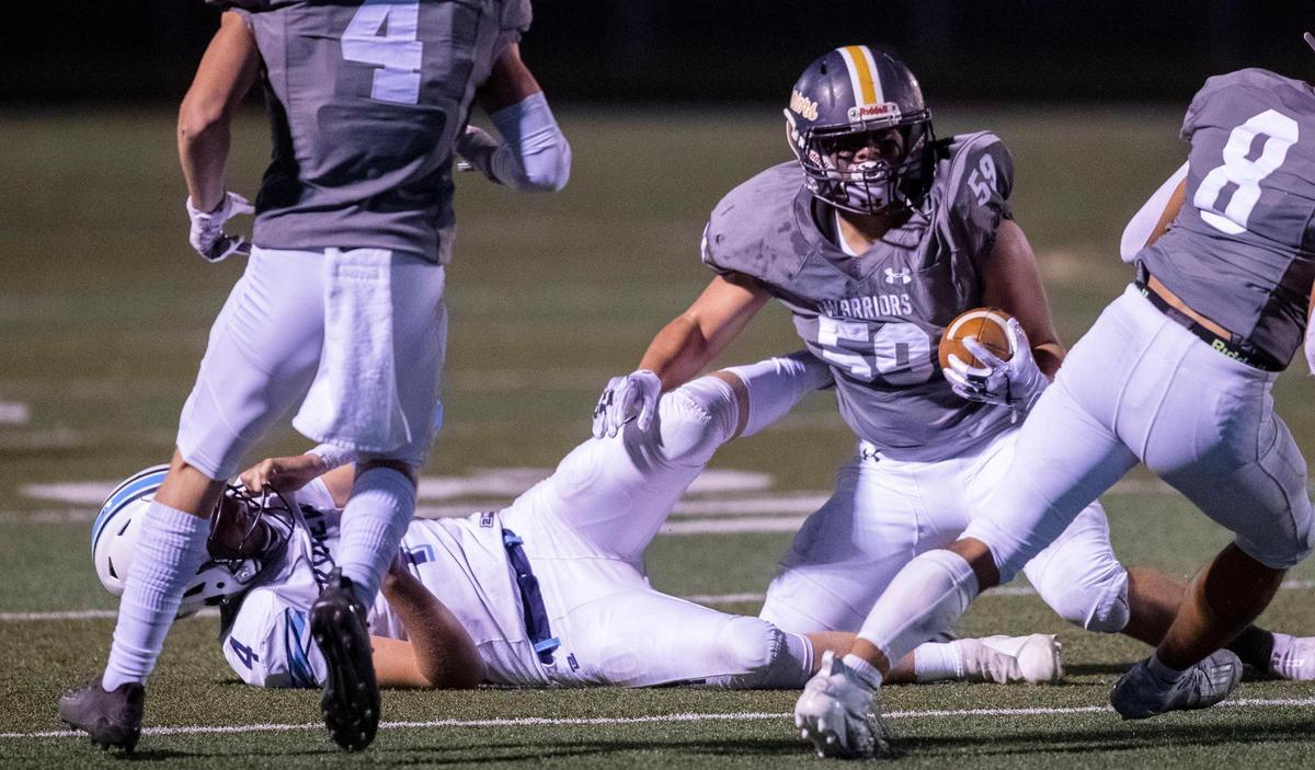 Meridian linebacker Carson Pinkerman comes up with an interception against Skyview on Oct. 1. The Warriors host Madison on Friday searching for their first playoff win since 2007.