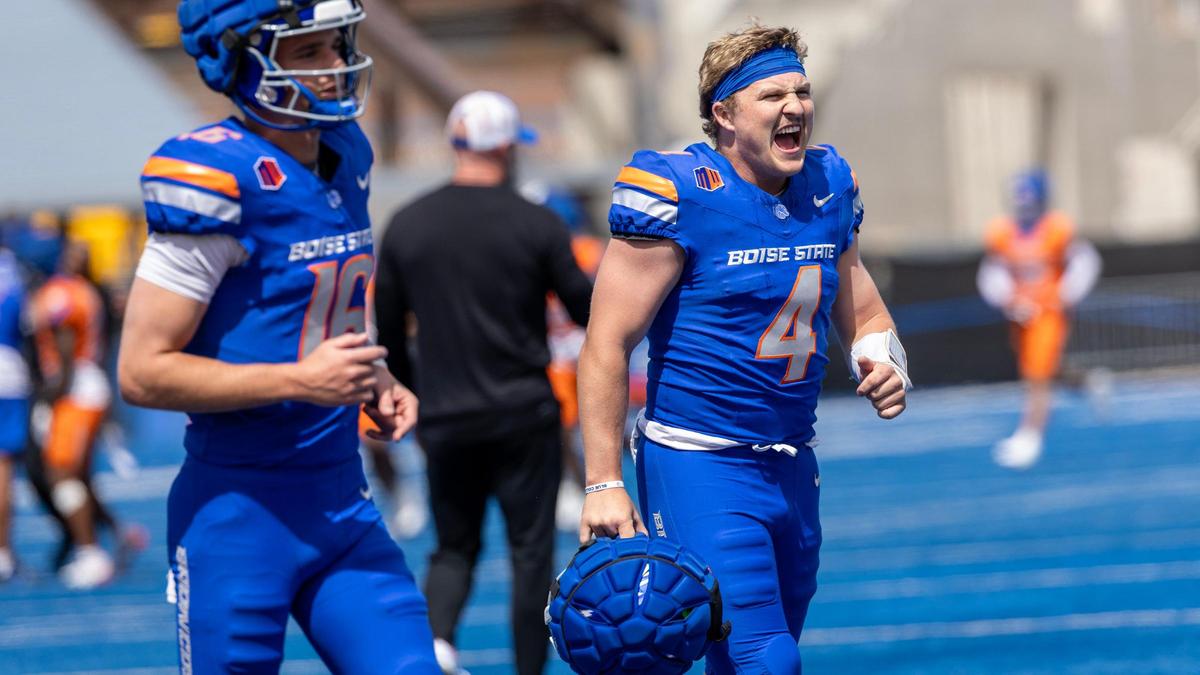 Boise State quarterback Maddux Madsen yells after warm-ups during the spring football game at Albertsons Stadium, Saturday, April 19, 2025.