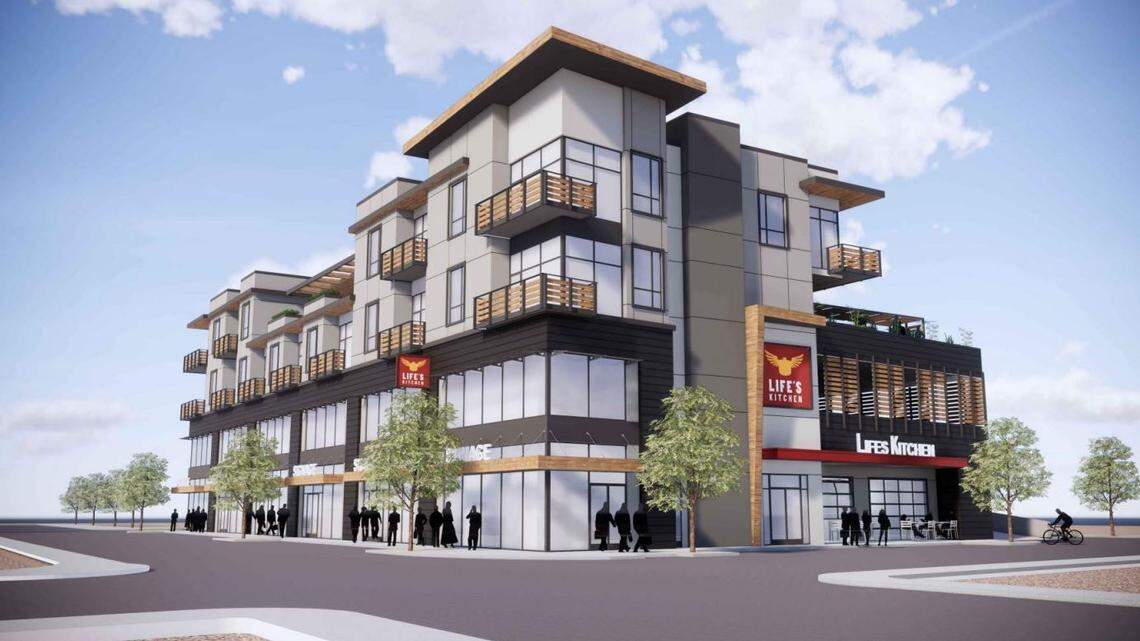 A developer’s preliminary plan calls for a four-story building that would house Life’s Kitchen, a store and apartments on the southwest corner of 34th and Clay streets in Garden City. Life’s Kitchen owns the lot and hopes to move to the building within two years.