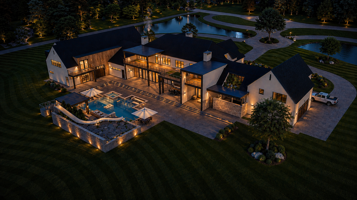 The Riverland Estate’s main house includes an indoor basketball court, golf simulator and 28-foot hidden slide.