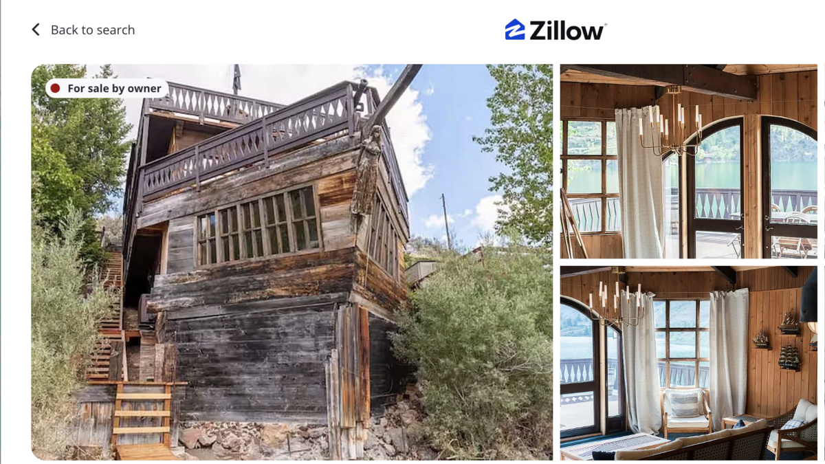 The Zillow listing for the Shipwreck House, a vacation rental near Salmon, Idaho, shows the ship-themed exterior of the house as well as the nautical-themed interior. The house is for sale for $799,000.