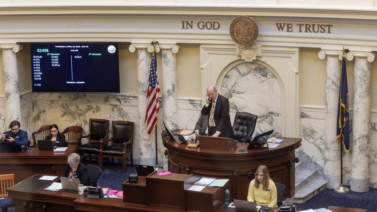 Speaker of the House Rep. Mike Moyle leads the session at the Idaho Capitol, Thursday, April 2, 2026.
