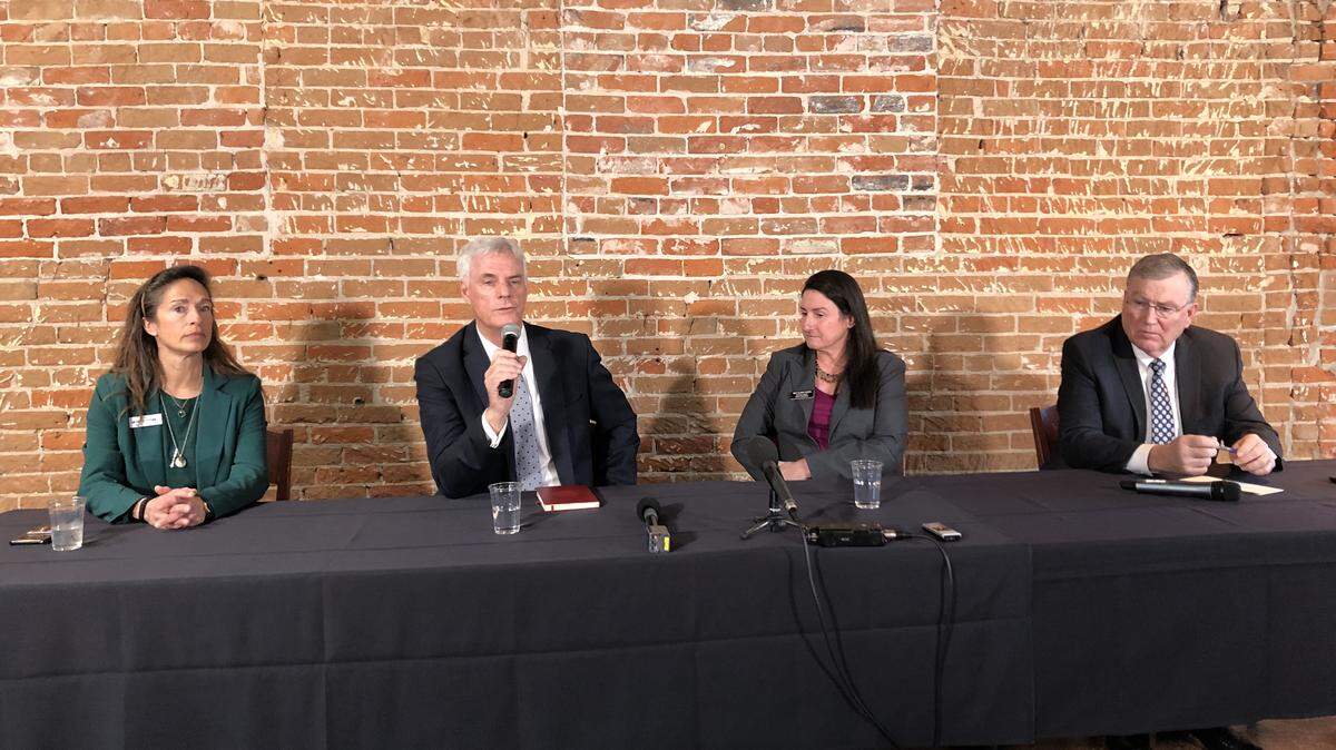 Idaho Senate and House leaders, left to right, Senate Minority Leader Michelle Stennett, D-Ketchum; Senate Pro Tem Brent Hill, R-Rexburg; House Minority Leader Ilana Rubel, D-Boise; and House Speaker Scott Bedke, R-Oakley, meet with Idaho Press Club reporters in downtown Boise on March 10, 2020.