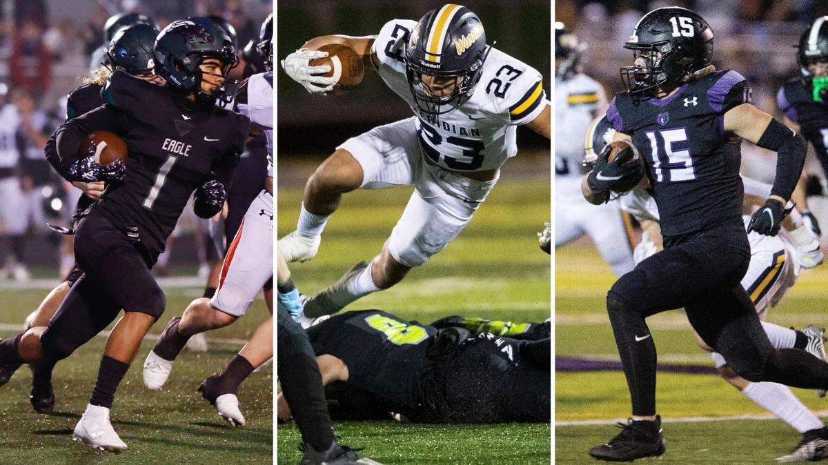 From left, Eagle’s Ian Duarte, Meridian’s Marco Del Rio and Rocky Mountain’s Art Williams are just a few of the key returners this season for football teams in the 5A Southern Idaho Conference.