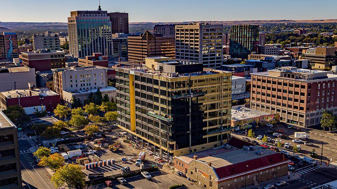 The nine-story 11th & Idaho building, developed by Rafanelli & Nahas, is nearing completion at the corner of 11th and Idaho streets in downtown Boise. This view looks south.