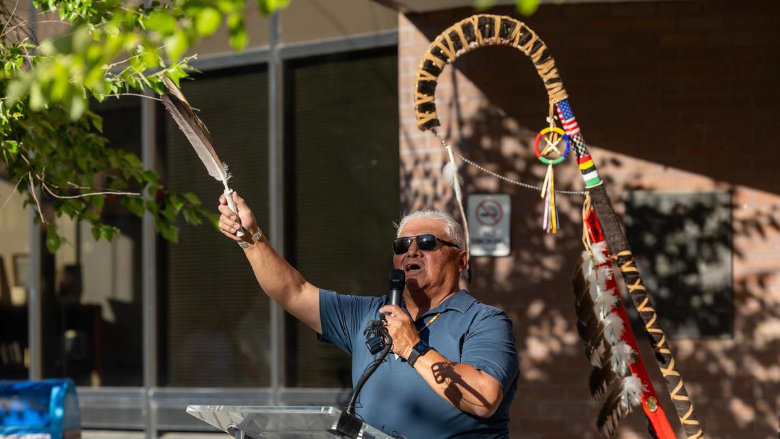 Norm Cavanaugh of the Western Shoshone Tribe gives a prayer during the welcome ceremony for the Return of the Original Boise Valley People event Thursday outside City Hall. The annual event brings together descendants of the tribal people who originally inhabited the Boise area.