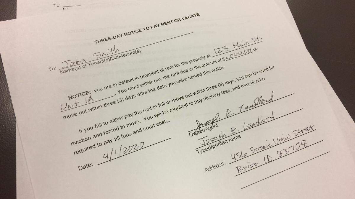 An eviction notice on a form provided for landlords’ use by the Idaho Judicial Branch as part of its assistance to landlords and tenants in eviction proceedings.