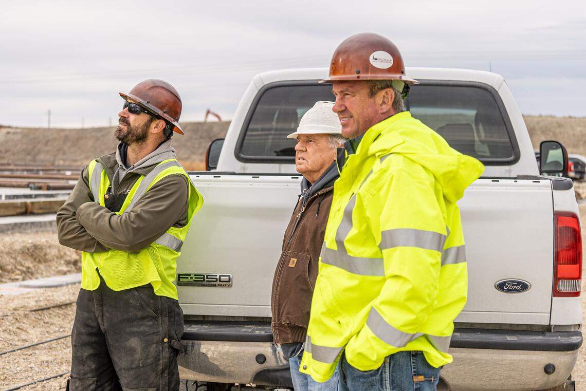 Construction workers at Adler Industrial’s AI Northside Indusstrial Park in Nampa. From left: Bob McIntyre, superintendent, Adler Industrial; Ron Dines, independent superintendent; and Jake Miller, director of construction, Adler Industrial.