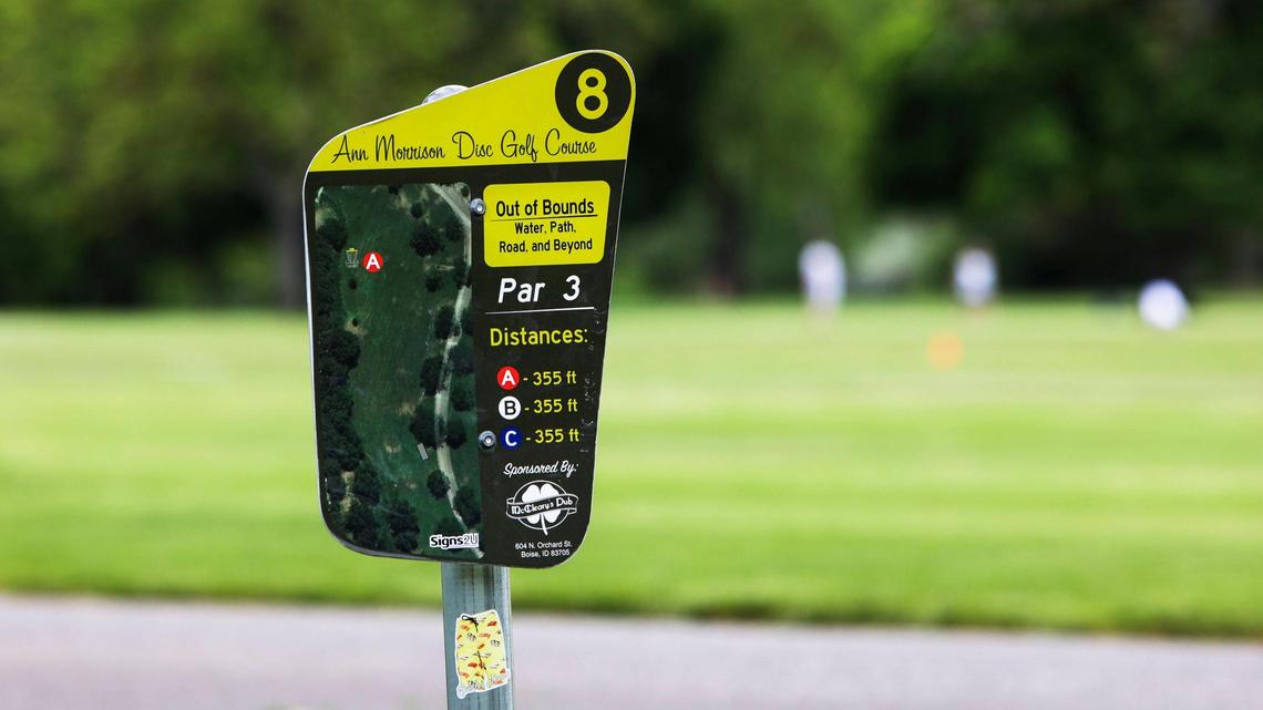 Like regular ball golf, each disc golf hole has a par. Hole 8 at Ann Morrison Disc Golf Course is par 3.