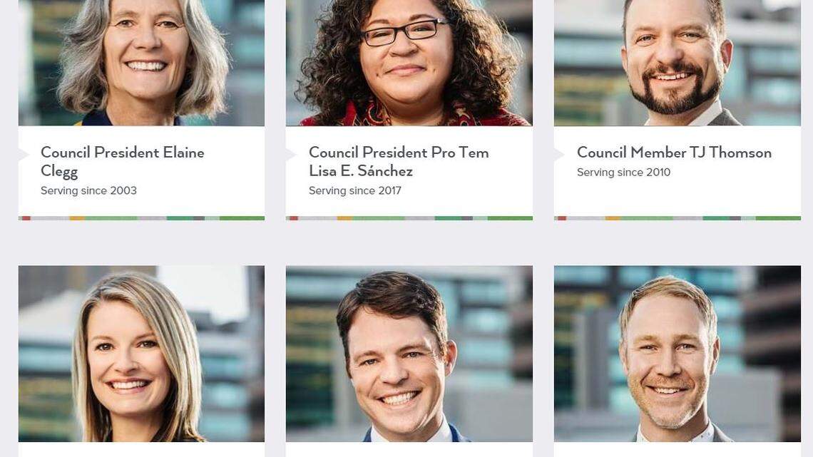 A screen shot of a city of Boise page shows City Council President Elaine Clegg and council members Lisa Sanchez, T.J. Thomson, Holli Woodings, Patrick Bageant and Jimmy Hallyburton.