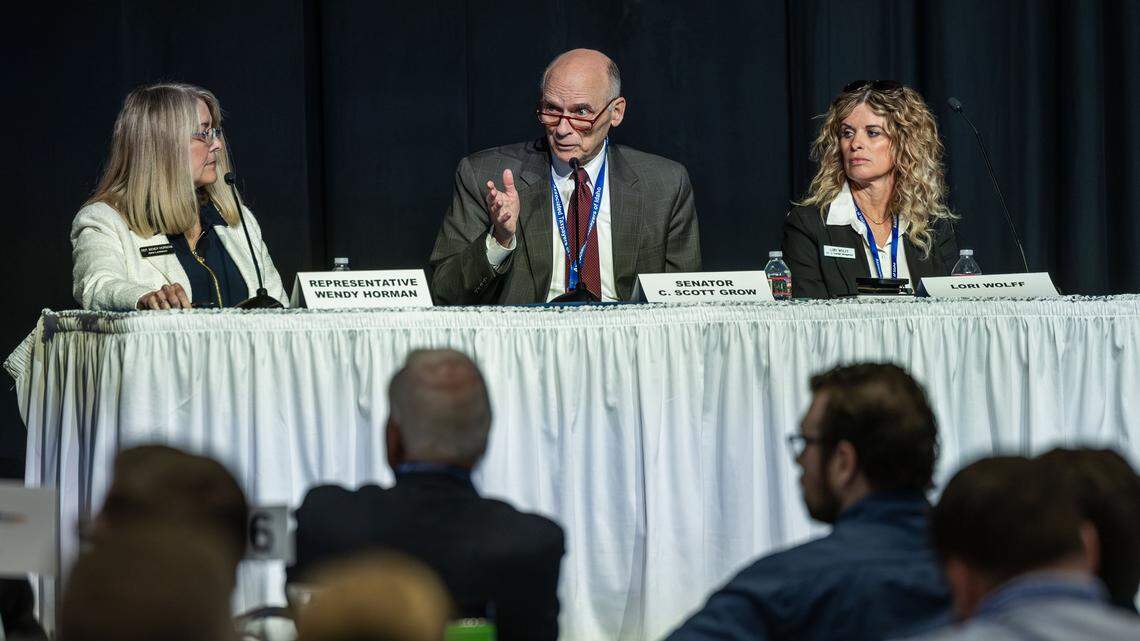 Joint Finance-Appropriations Committee Cochair Sen. Scott C. Grow, R-Eagle, with JFAC Cochair Rep. Wendy Horman, R-Idaho Falls, and Lori Wolff, right, with the Governor's Division of Financial Management, address Idaho's budget planning process and forecast leading into the 2026 legislative session. The panel was speaking at a conference hosted by Associated Taxpayers of Idaho in Boise, Wednesday, Dec. 3, 2025.