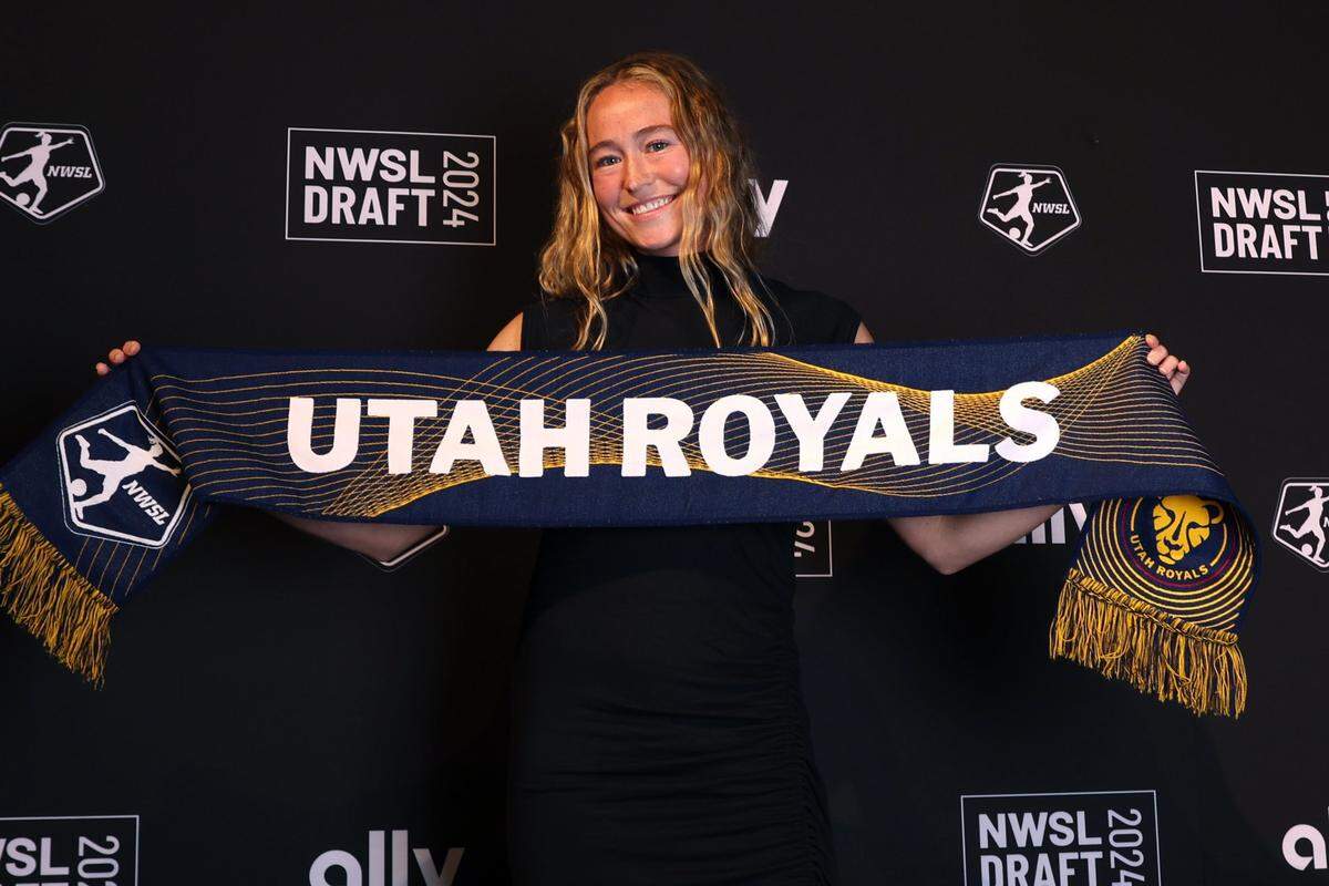 Jan 12, 2024; Anaheim, California, USA; Brigham Young University player Olivia Smith-Griffitts poses for a photo after being selected by the Utah Royals FC during the 2024 NWSL Draft at Anaheim Convention Center. Mandatory Credit: Kiyoshi Mio-USA TODAY Sports