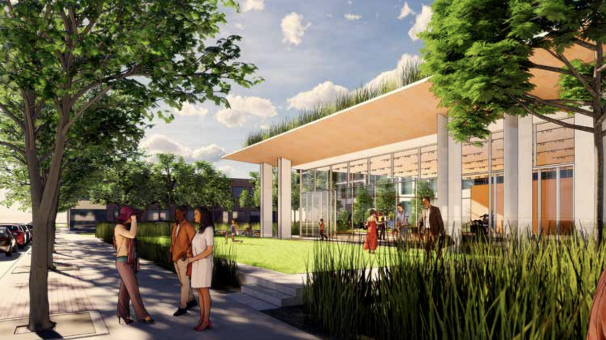The new community center would include a large gathering space facing the public plaza, according to an artist’s rendering.