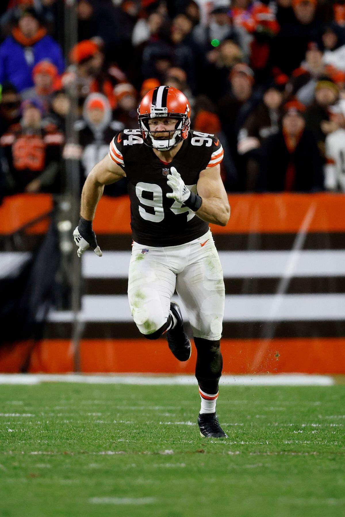 Cleveland Browns defensive end Porter Gustin runs up the field during an NFL football game against the Las Vegas Raiders on Monday in Cleveland.