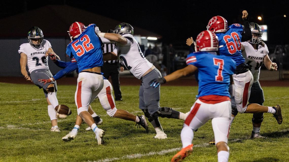 Mountain View kicker Martin Connington punts the ball in a 5A state playoff game against Nampa last season. He verbally committed to Boise State on Wednesday.