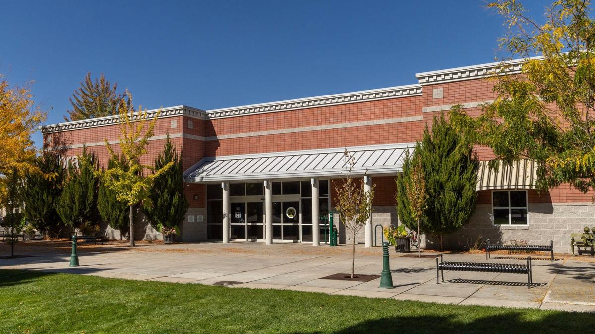 The Eagle Public Library’s front entrance on the corner of North Stierman Way and East Civic Lane.