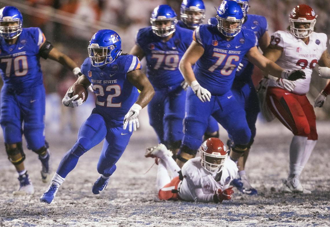 Boise State running back Alexander Mattison breaks into the secondary on a run in the fourth quarter against Fresno State in the Mountain West championship game Saturday at Albertsons Stadium in Boise.