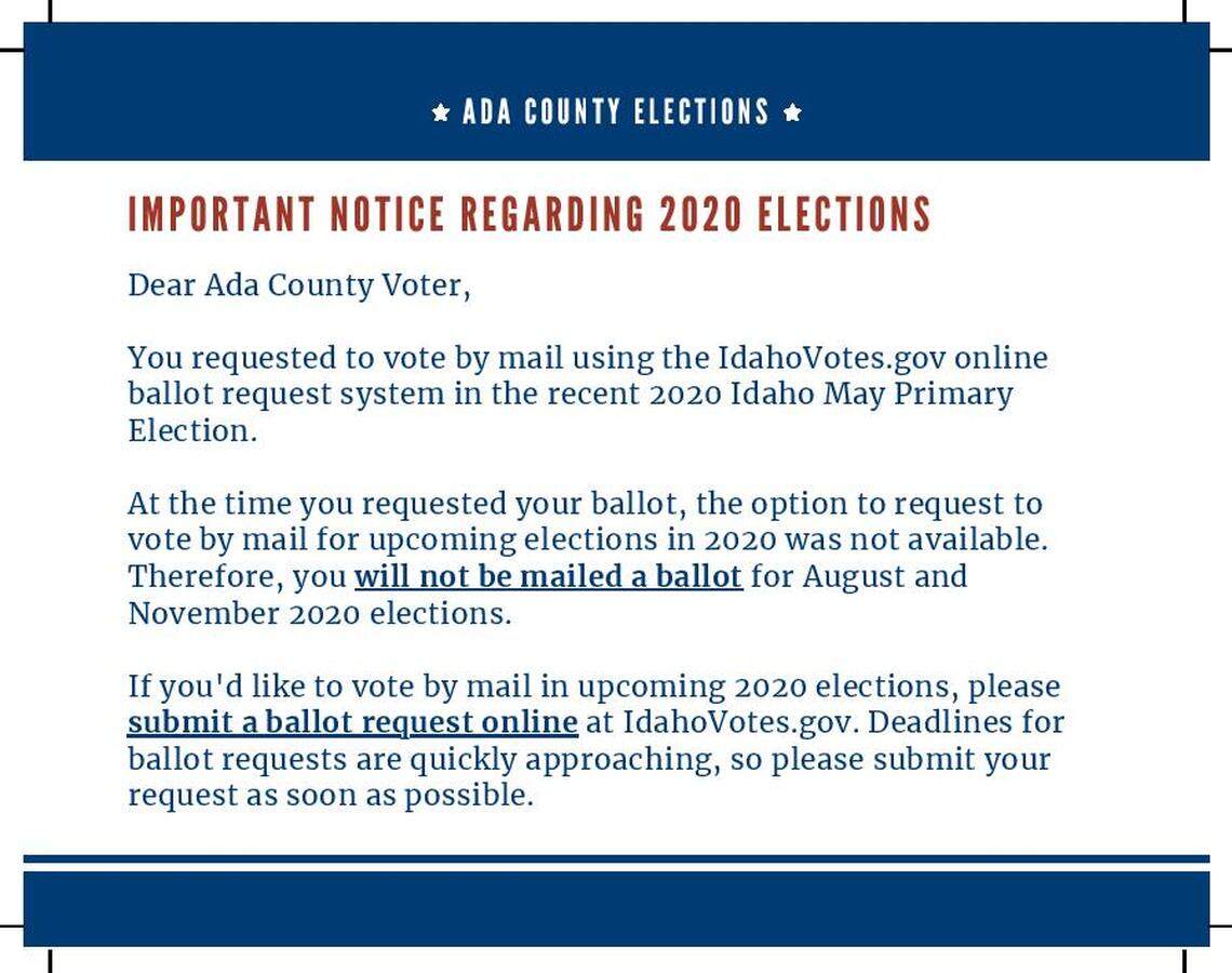 A postcard went out to about 30,000 voters telling them they had not requested their November ballot, although some already had.