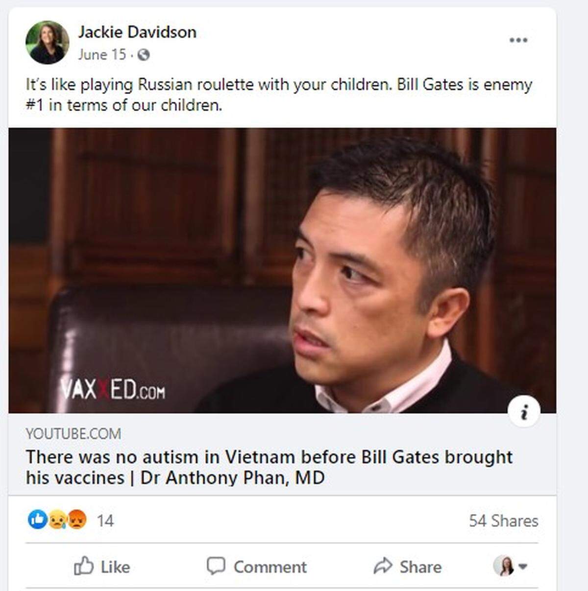 Republican Jackie Davidson is running for Boise’s House seat 16B and regularly posts false information on her Facebook page. This is one example of inaccurate information or a conspiracy theory. She posted this June 15, 2020.