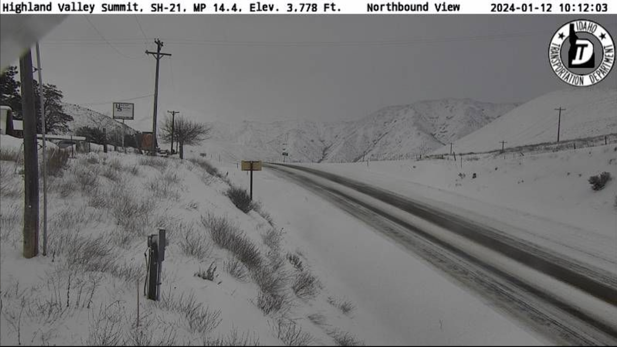 Footage from an Idaho Transportation Department camera shows snow on Idaho 21 at Highland Valley Summit. A 511 road condition report deemed the area “difficult” for driving conditions around 10:30 a.m. on Friday, Jan. 12, 2024. Thirty-six miles of Idaho 21 are closed farther north.