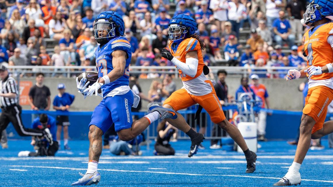 Boise State running back Malik Sherrod scores a touchdown during the spring football game in April.
