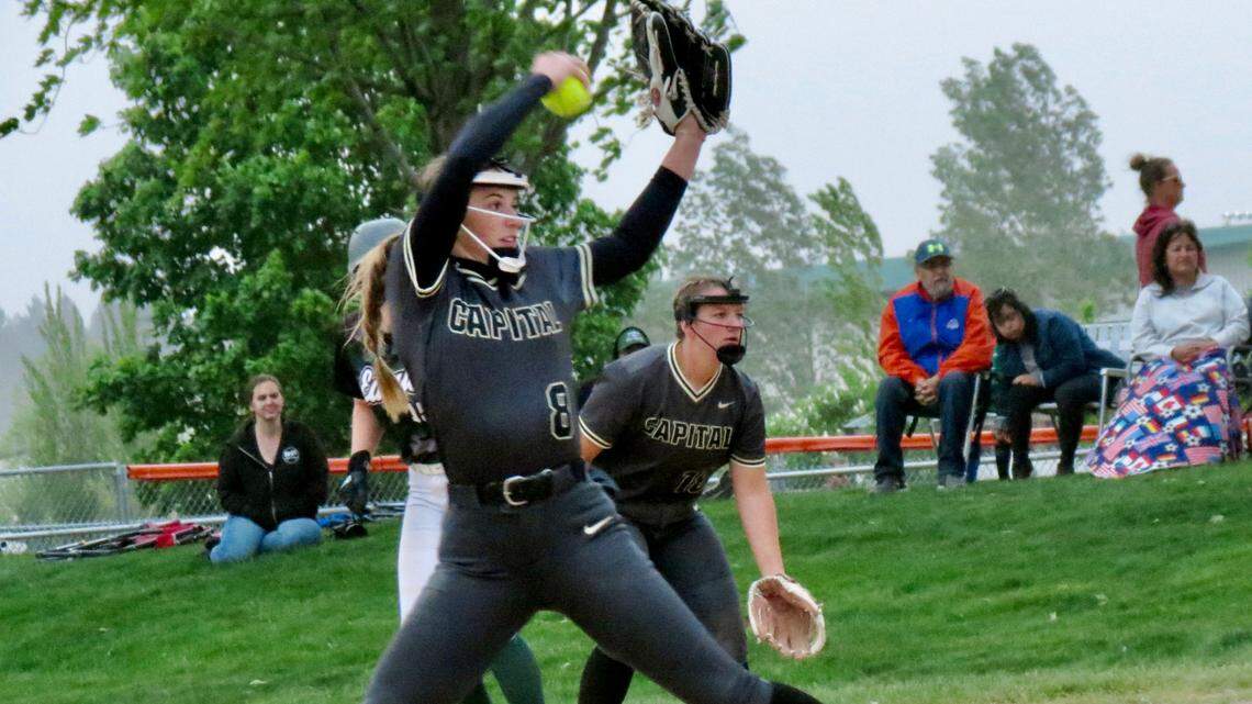 Sydney Garber throws a pitch for Capital in the 5A Idaho state softball tournament in Post Falls earlier this month. She just completed her junior year in high school.
