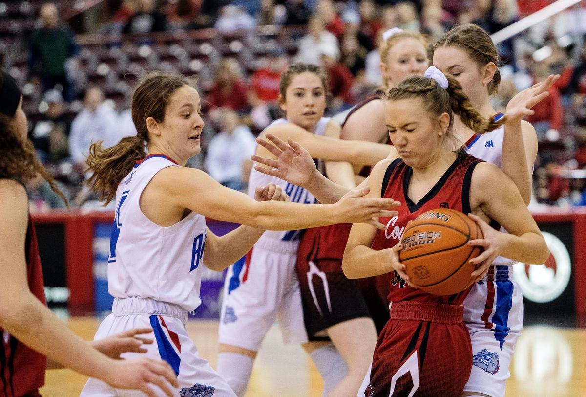 Council’s Rhianna Iveson fights for possession in last year’s 1A Division II state championship against Rockland.