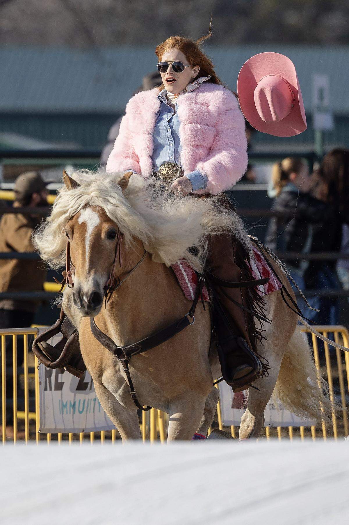 Rider Anika Sadler loses her hat during the women's division skijoring competition of Skijor Boise held at the Ford Idaho Center, Friday, Feb. 6, 2026.