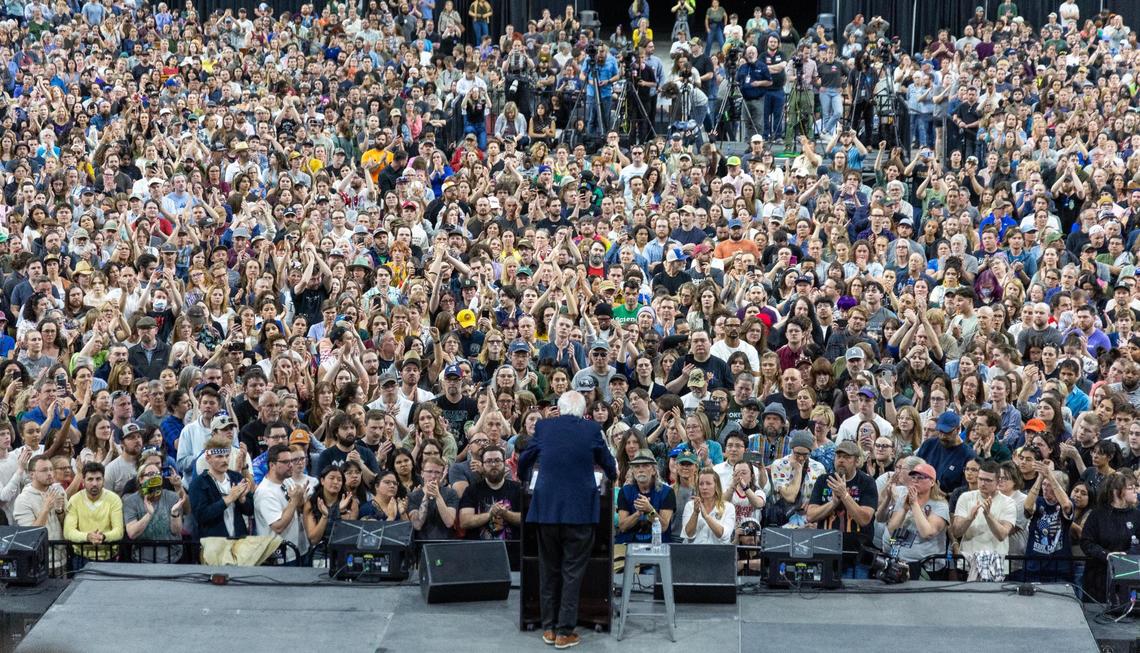 Sen. Bernie Sanders (I-Vermont) speaks to a crowd of 12,500 during his Fighting Oligarchy Tour with special guest U.S. Rep. Alexandria Ocasio-Cortez (D-New York) at the Ford Idaho Center in Nampa on Monday.