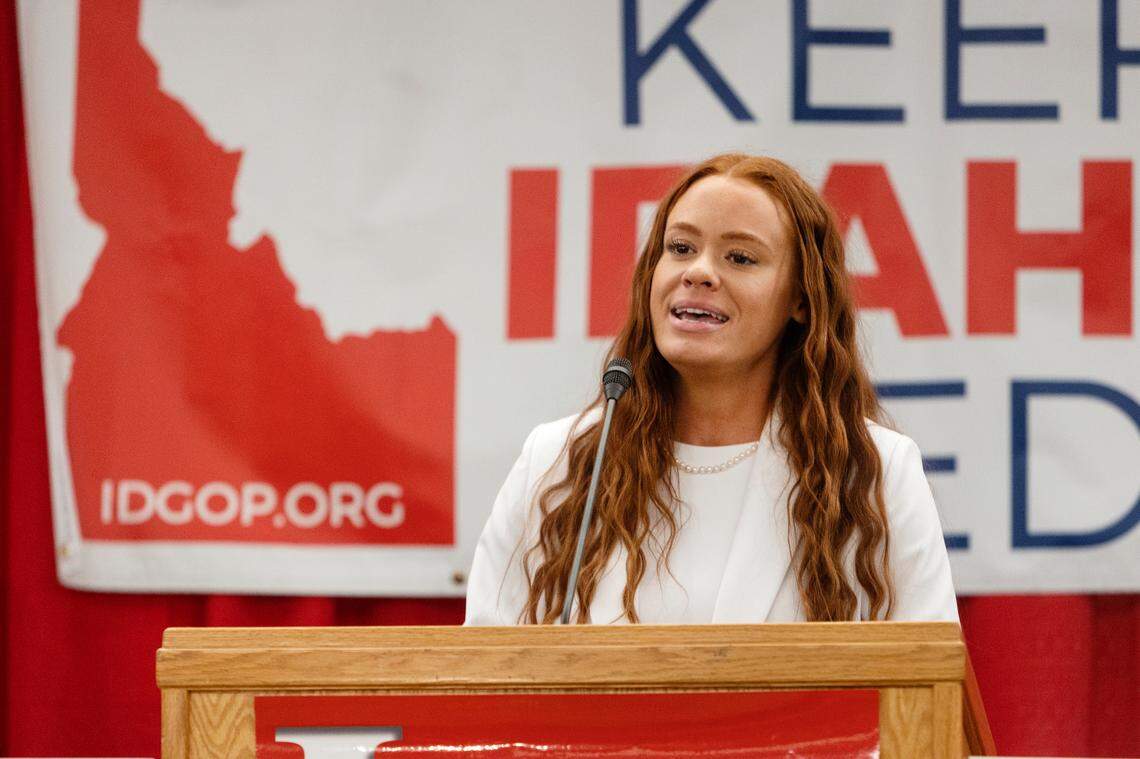 Meghan Fulcher, daughter of U.S. Rep. Russ Fulcher, has been her father’s campaign manager since he first sought his seat in Congress in 2017. She spoke at a Republican primary election night watch party held at the Hilton Garden Inn Boise Downtown, on Tuesday, May 17, 2022.