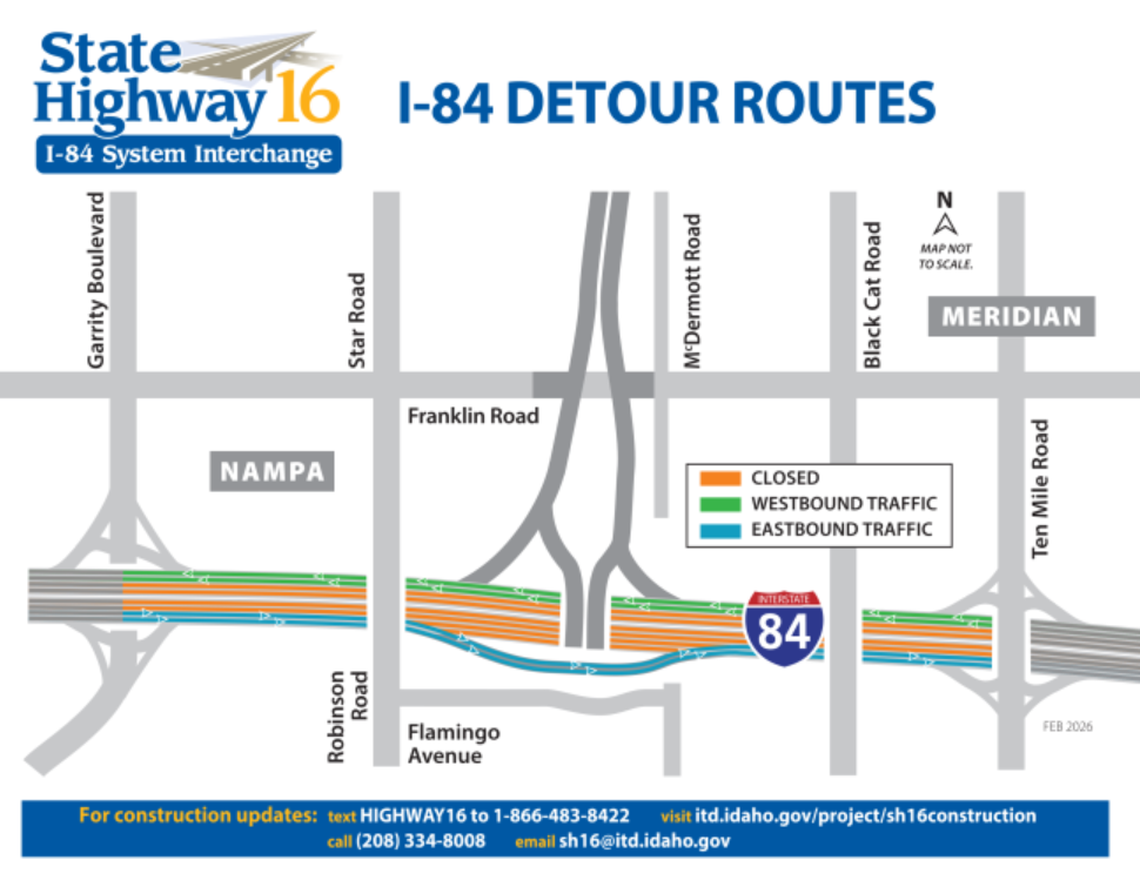 I-84 detour map for 03/14-03/16